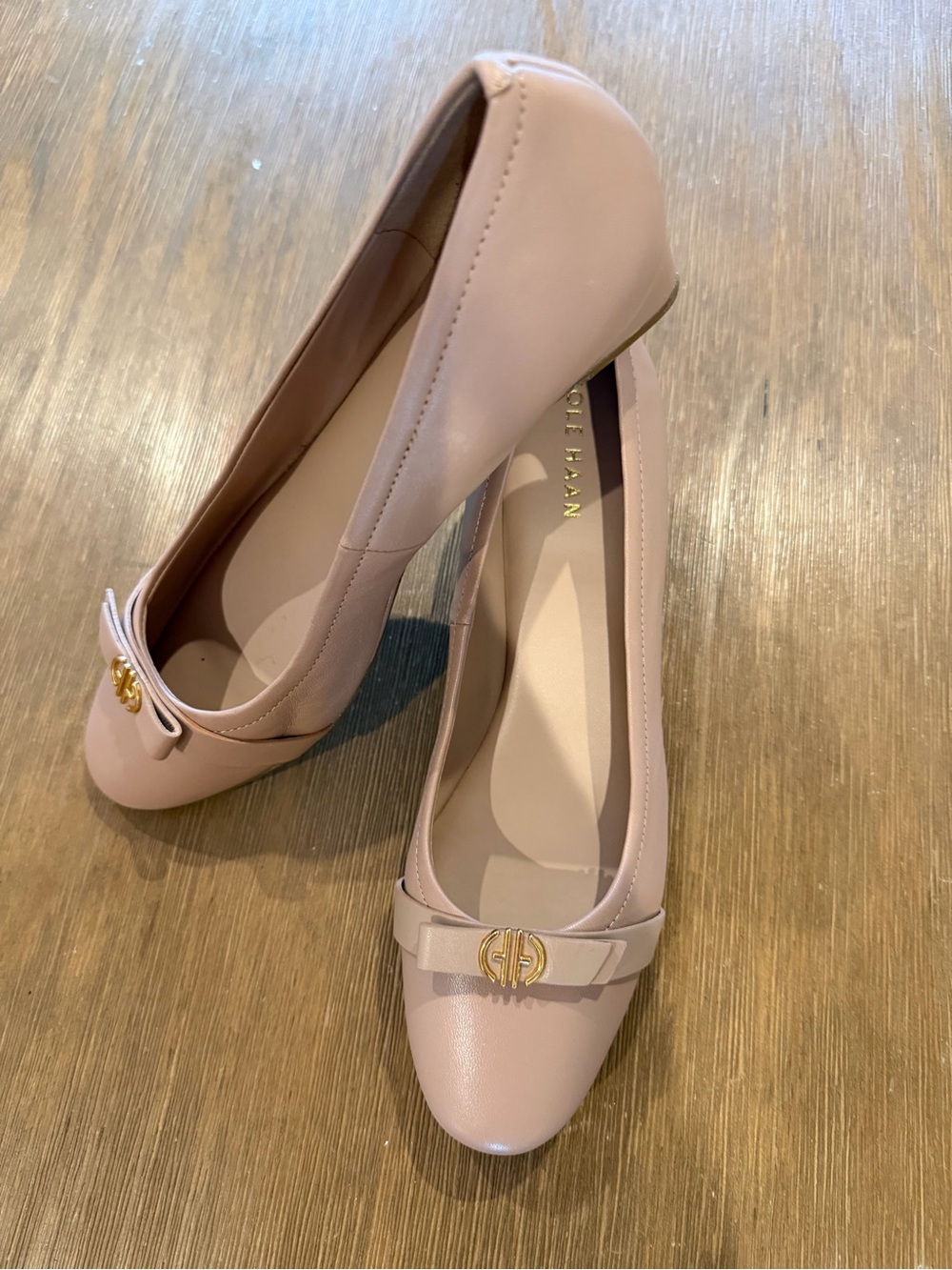 Cole Haan Beige Leather Wedges with Gold Logo Accent